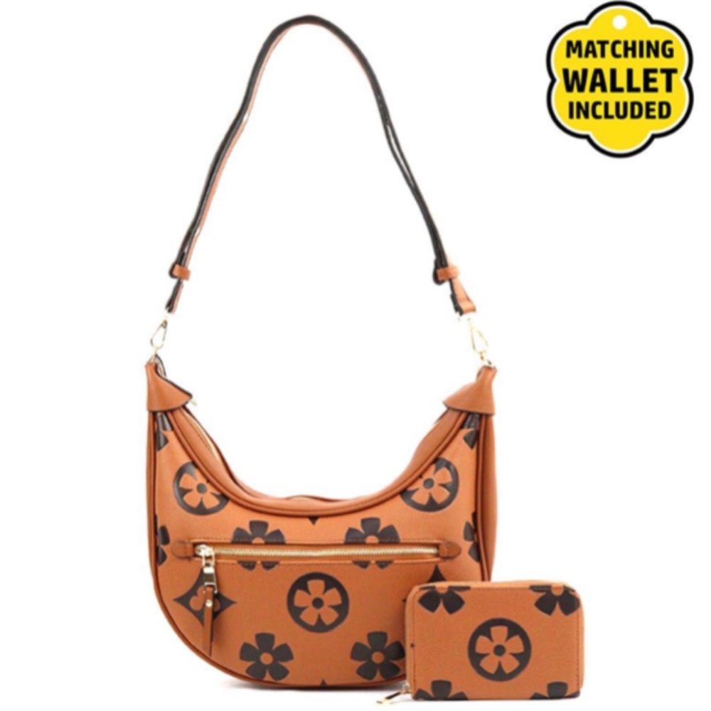 Designer-Inspired Faux Leather Flower Petal Half Moon Handbag w/ Wallet